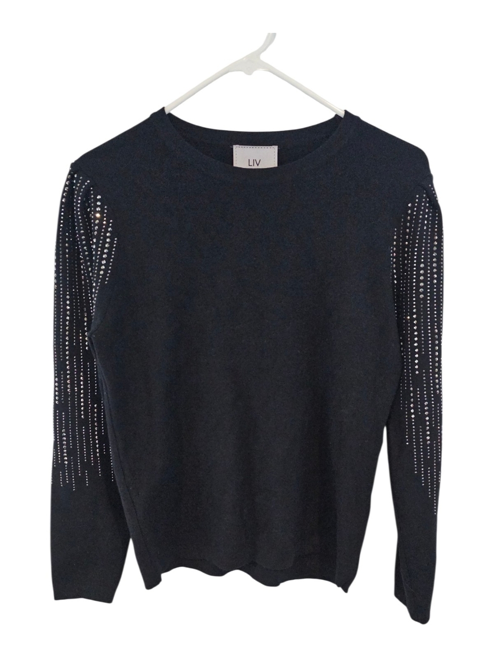 Liv Milano Size M Black Embellished Sleeve Crewneck Sweater